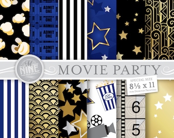 MOVIE PARTY Prints Blue 12" x 12" Digital Paper Pattern Print, Instant Download, 8 1/2" x 11" Cinema Theme Paper Pack Patterns Scrapbook