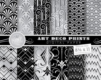 ART DECO Digital Paper: SILVER Art Deco 8 1/2" x 11" Pattern Prints, Instant Download, Retro Movie Patterns Cinema Backgrounds Print