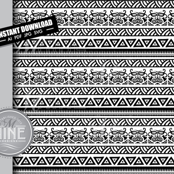 Seamless Tiki God Tattoo Pattern, Polynesian Tribal Print Svg Jpg Instant Download, Hawaiian Cricut Print and Cut Digital Paper MP237