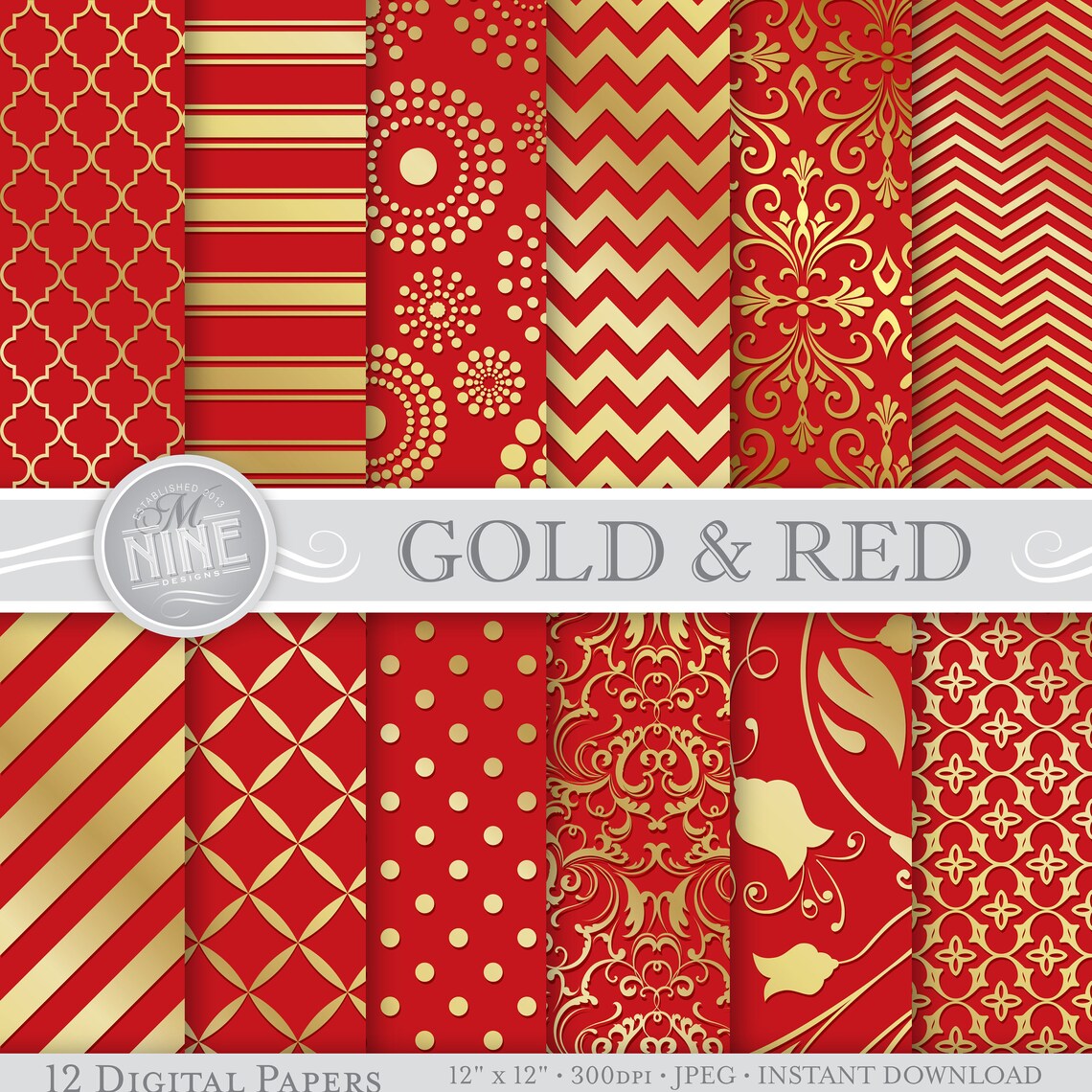 GOLD and RED Digital Paper / Gold Scrapbook Printables - Etsy