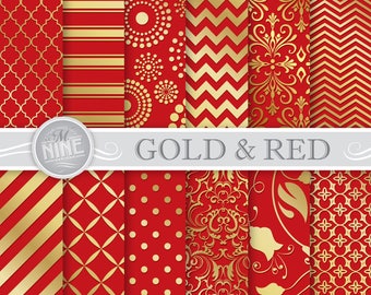 GOLD and RED Digital Paper / Gold Scrapbook Printables, Patterns Download, 12 x 12 Gold and Red Scrapbook Patterns, Christmas Downloads