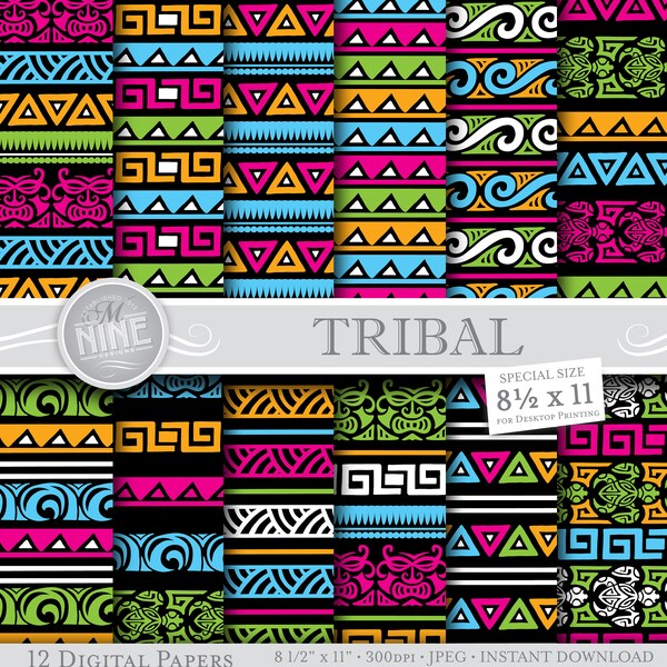 Colorful TRIBAL Digital Paper / Hawaiian Party / 8 1/2 x 11 Neon Luau Patterns, Polynesian Instant Downloads, Printable Scrapbook Paper