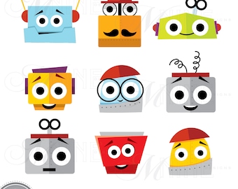 ROBOT HEADS Clip Art / Robot Clipart Downloads / Robot Party, Cute Robots Theme, Robot Scrapbook Clipart, Vector Robots