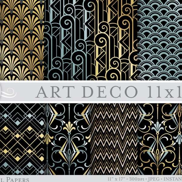 ART DECO Patterns 11" x 17" Art Deco Digital Paper Deco Printable Pattern Prints, Art Deco Download, Retro Patterns Art Deco Scrapbook