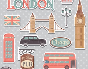 Vintage LONDON Clip Art / London Sticker Clipart Downloads / London Clip Art Vector Clip Art Big Ben Clipart London Taxi Bus