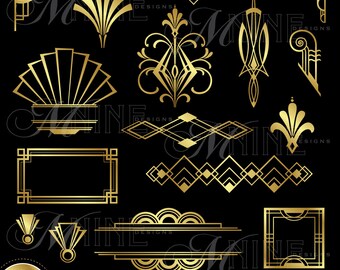 ART DECO Clip Art: "Gold Art Deco Accents" Design Elements Digital Clipart, Instant Download, Vintage Accents Frame Borders Vector Svg Png
