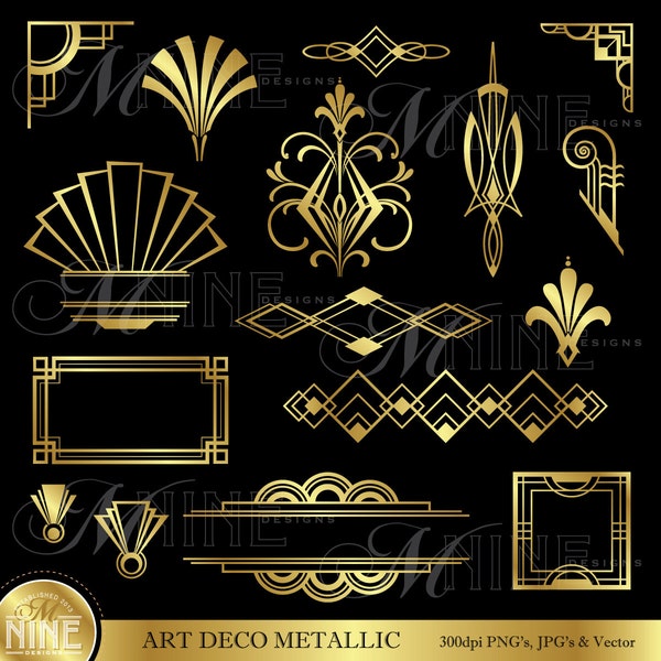 ART DECO Clip Art: "Gold Art Deco Accents" Design Elements Digital Clipart, Instant Download, Vintage Accents Frame Borders Vector Svg Png