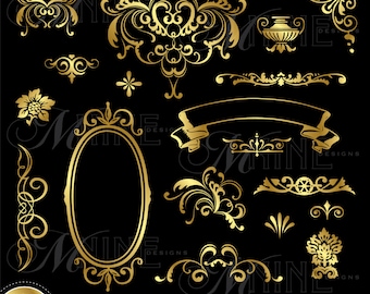 GOLD VICTORIAN Design Elements Digital Clipart, Instant Download, vintage Accents Frame Borders Clip art