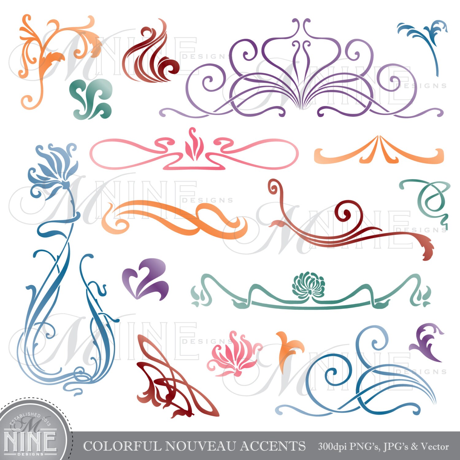 COLORFUL NOUVEAU ACCENTS Clipart Digital Clip Art, Instant Download