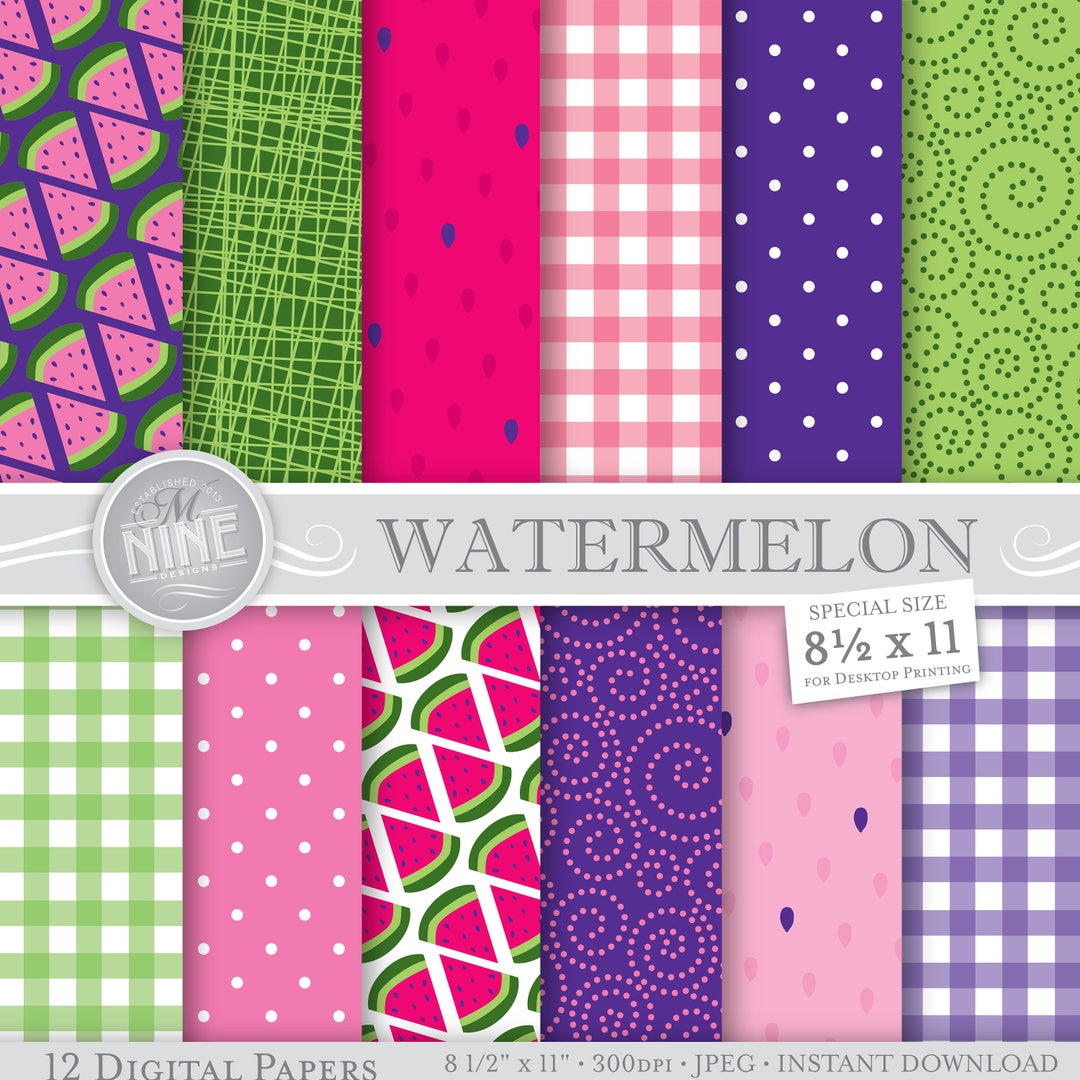 Watermelon Patterned Paper WATERMELON Party / Printable Watermelon Digital Paper / 8 1/2 X 11 ...