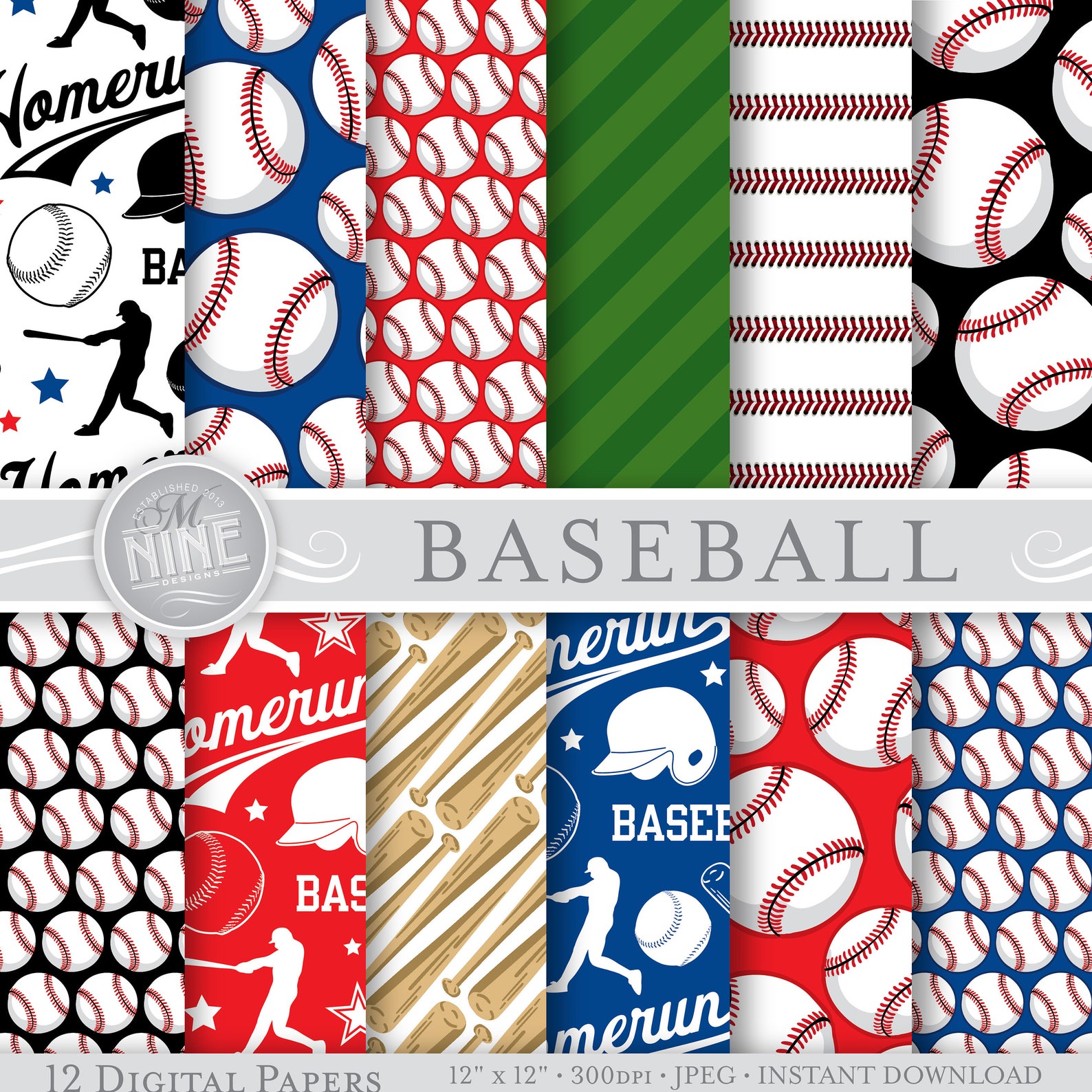 BASEBALL Digital Paper / BASEBALL Party Printables / Blue and Etsy