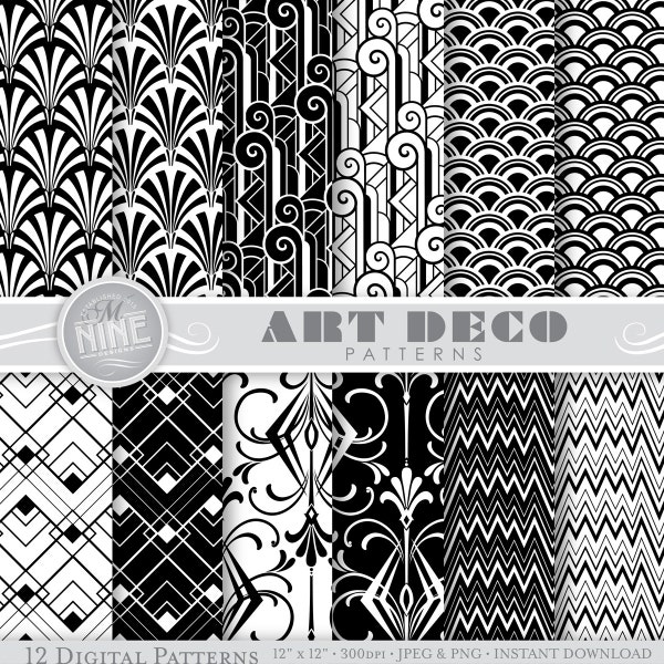 ART DECO Digital Paper Jpg Svg | Black and White Art Deco Patterns | Instant Download Jpeg Svg | Gatsby Party Digital Paper Downloads MN4