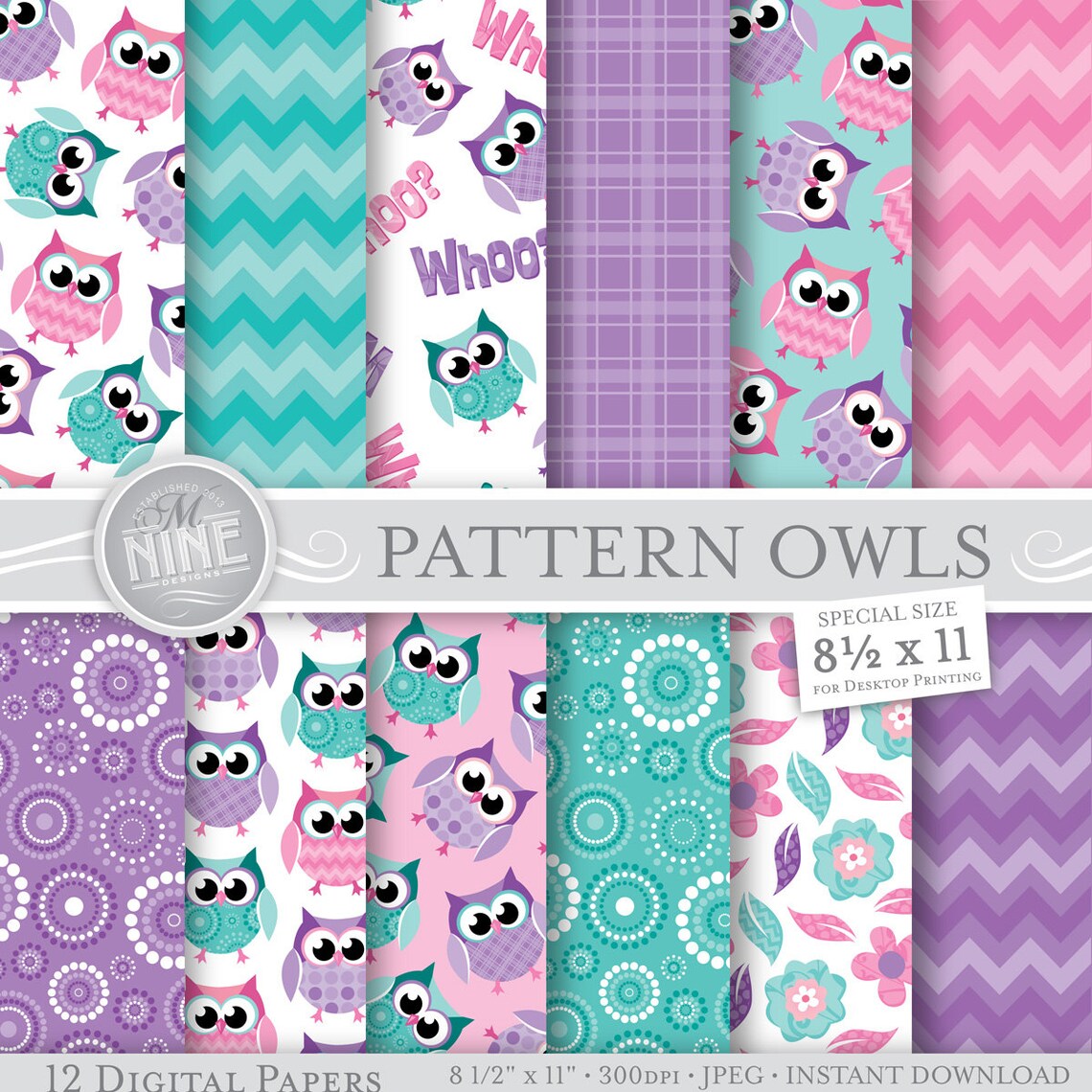 PURPLE PATTERN OWLS Digital Paper 8 1/2 X 11 - Etsy