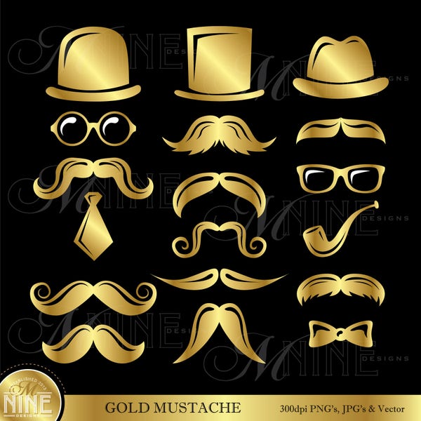 GOLD MUSTACHE Clip Art / Mustaches Clipart / Mustache Theme Downloads, Mustache Party Clip Art, Top Hat Clip Art Eyeglasses Neck Bow Tie