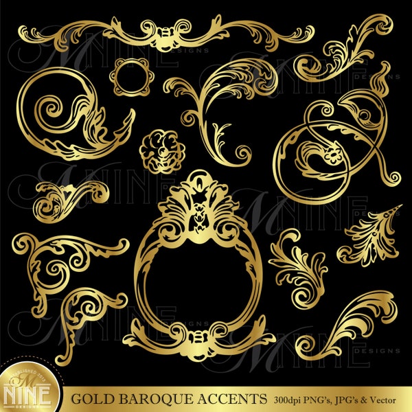 GOLD BAROQUE ACCENTS Clipart Illustrations, Instant Download, Vintage Design Elements Frame Borders Clip Art