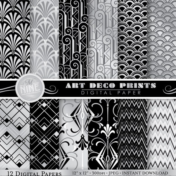 ART DECO Digital Paper Jpg Svg | Black and Silver Art Deco Patterns | Instant Download Jpeg Svg | Gatsby Party Digital Paper Downloads MN5