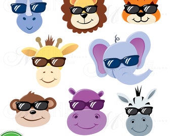 Animal Clip Art / ZOO ANIMAL HEADS with Sunglasses Clipart / Digital Clip Art, Instant Download, Zoo Animal Clipart, Vector Clipart
