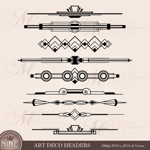 ART DECO Header Clip Art: Header Accent Clipart, Art Deco Download, Vintage Art Deco Design Borders Silhouette Vector AI Png Svg Clipart