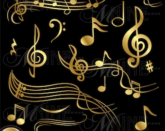 Gold MUSIC NOTES Clip Art | Gold Music Theme Clipart | Music Notes Download | Gold Vector Scrapbook Clipart