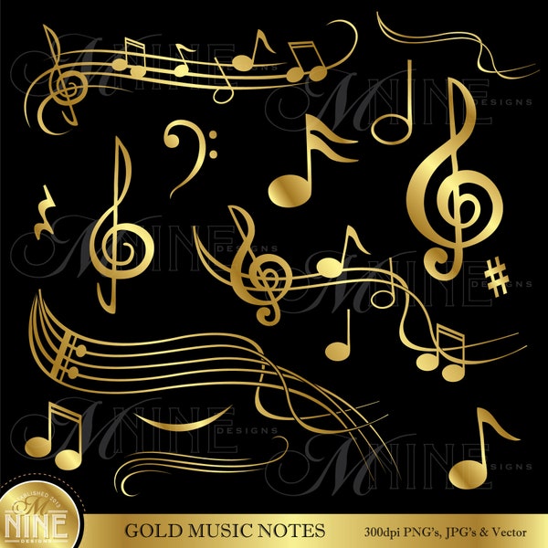 Gold MUSIC NOTES Clip Art | Gold Music Theme Clipart | Music Notes Download | Gold Vector Scrapbook Clipart