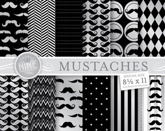 Mustache Digital Paper: SILVER MUSTACHES Printable Pattern Print, Mustache Download, 8 1/2 x 11 Mustache Theme Scrapbook Prints