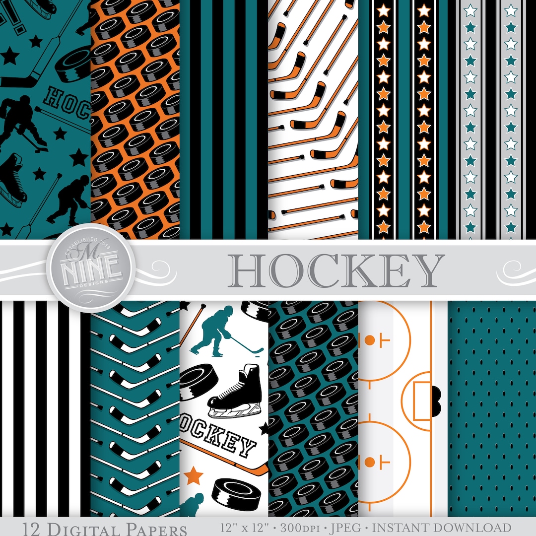 HOCKEY Digital Paper / Hockey Party Printables / Teal and Orange Hockey ...