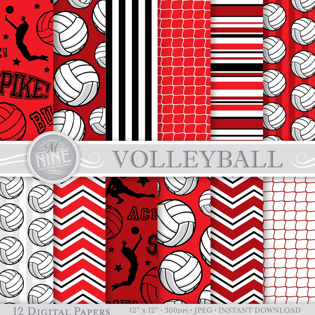 Red VOLLEYBALL Digital Paper Volleyball Party Printables 12 X 12 Red
