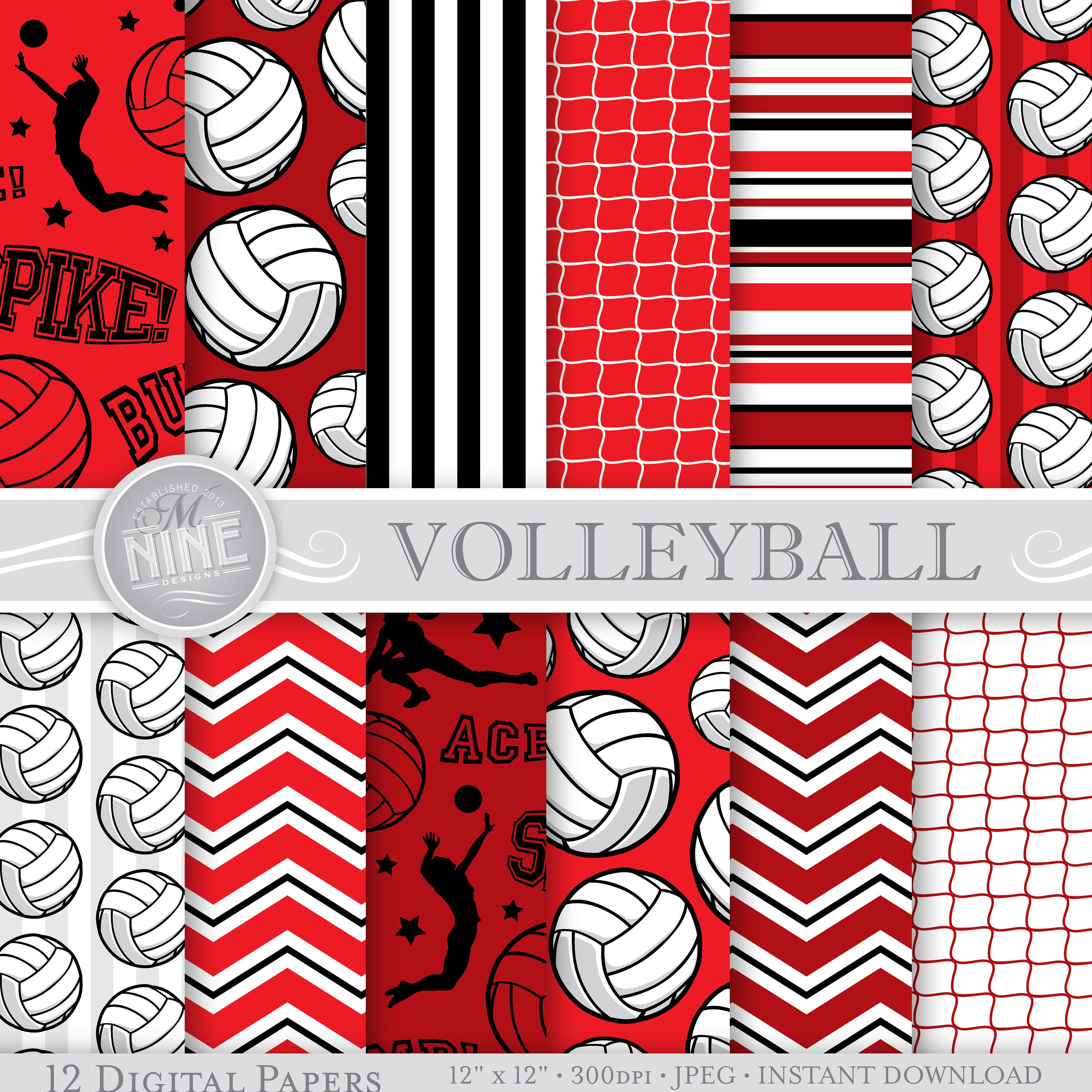 Red VOLLEYBALL Digital Paper Volleyball Party Printables - Etsy Norway