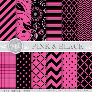 HOT PINK BLACK Digital Paper: Pink Black Printable Pattern Prints, Instant Download, 12 x 12 Pink Black Scrapbook Patterns Backgrounds image 1