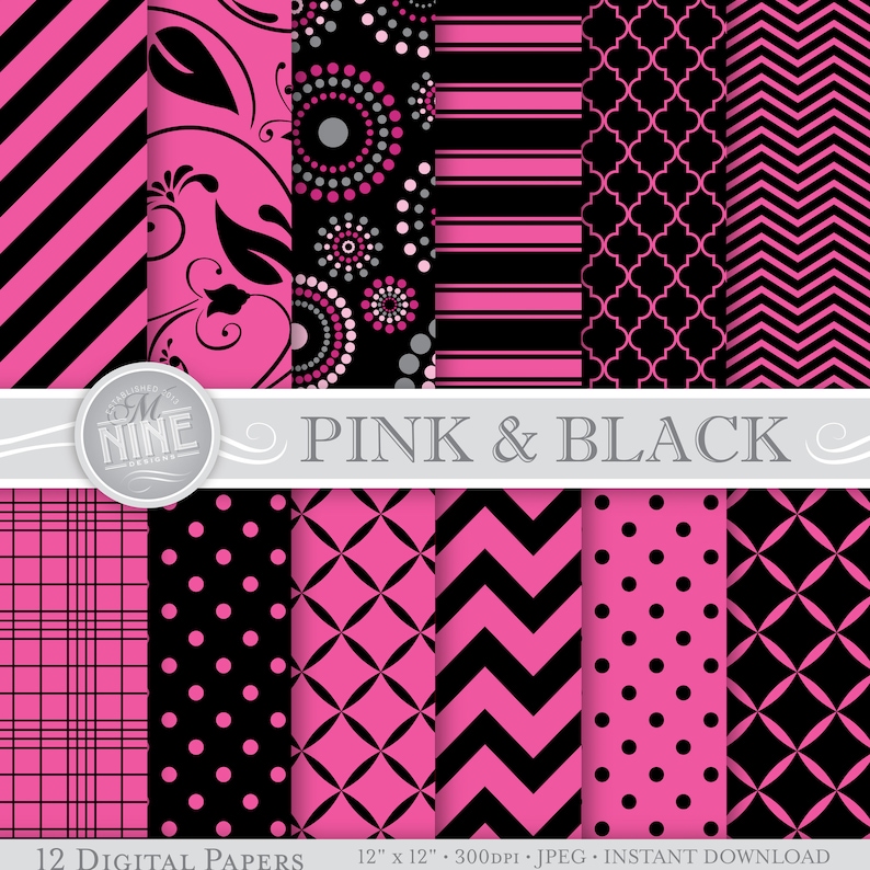 HOT PINK BLACK Digital Paper: Pink Black Printable Pattern Prints, Instant Download, 12 x 12 Pink Black Scrapbook Patterns Backgrounds image 1