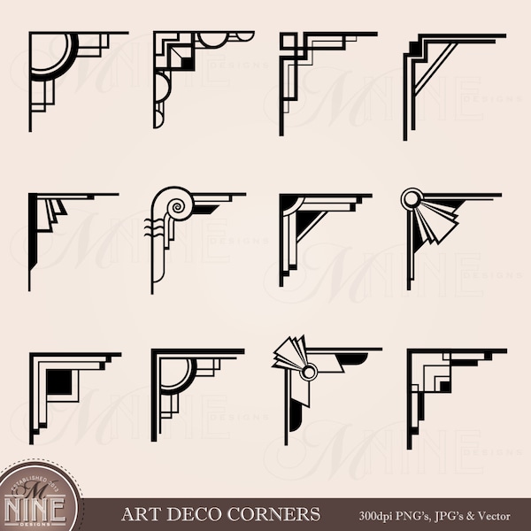 ART DECO Corners Clipart Digital Clip Art, Instant Download, Vintage Design Elements Antique Borders Clip Art Silhouette Vector AI Png Svg