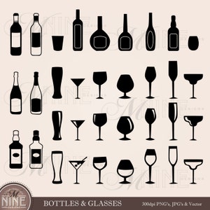 BOTTLES & GLASSES Clip Art Bar Clip Art Beer and Wine Clip Art Vector Clipart Instant Download Liqour Martini Margharita Png Svg image 1