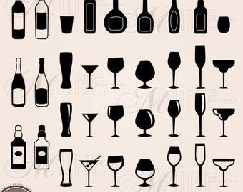 BOTTLES & GLASSES Clip Art | Bar Clip Art Beer and Wine Clip Art | Vector Clipart Instant Download Liqour Martini Margharita Png Svg