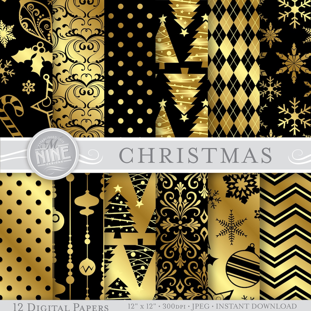 CHRISTMAS Digital Paper / Black and Gold Christmas Patterns / Christmas ...