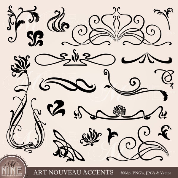 ART NOUVEAU ACCENTS Clipart Digital Clip Art, Instant Download, Vintage Design Elements Antique Borders Clip Art Png Svg Silhouette Clipart