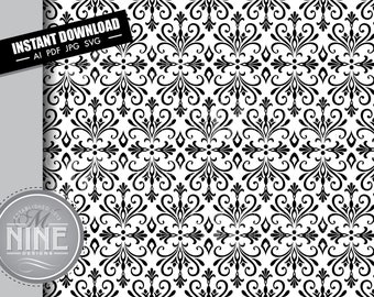 Damask Pattern | Seamless Repeatable Damask Svg Pdf Jpg Vector AI Download | Black and White Damask Digital Paper Downloads MP99