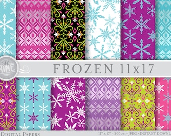 FROZEN Digital Paper Digital Paper Pattern Prints, Instant Download, 11" x 17" Frozen Theme Paper Pack Patterns Scrapbook Print Snowflakes