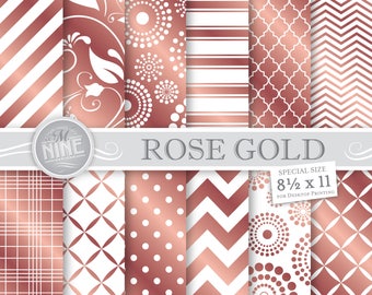 ROSE GOLD Digital Paper / Rose Gold Printable Pattern Prints / Instant Download, 8 1/2 x 11 Rose Gold Scrapbook Printables