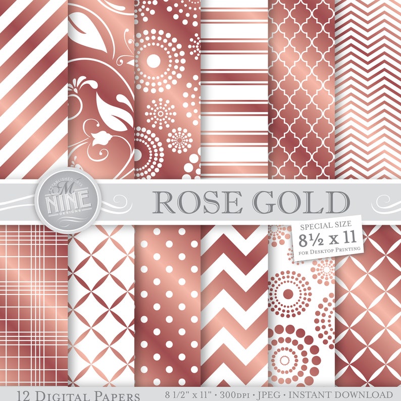 ROSE GOLD Digital Paper / Rose Gold Printable Pattern Prints / Instant Download, 8 1/2 x 11 Rose Gold Scrapbook Printables image 1