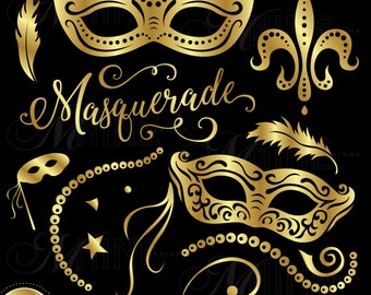Gold Masquerade Clip Art | Masquerade Clipart Downloads | Vector Masquerade Clip Art Masks | Gold Mardi Gras Clip Art Beads Clipart