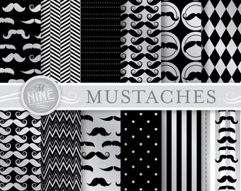 MUSTACHES Digital Paper: Silver Mustache Pattern Printable Print, Mustaches Download, 12 x 12 Mustache Scrapbook Patterns