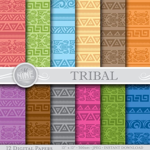 TRIBAL Digital Paper / Colorful Tribal Tattoo Patterns / Hawaiian Party, Polynesian Art, Instant Downloads, Printable Scrapbook Paper