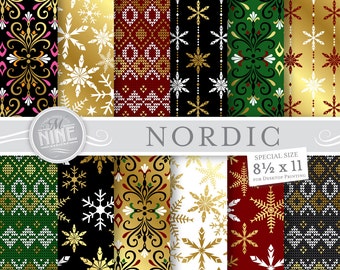 NORDIC GOLD Digital Paper 8 1/2" x11" Pattern Prints, Instant Download, Winter Christmas Paper Pack Patterns Scrapbook Print Snowflakes