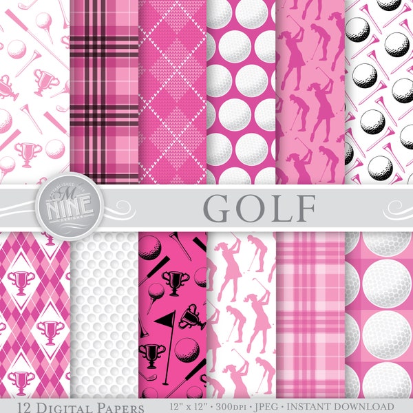 Lady GOLFER Digital Paper Jpg Svg | Pink Golf Pattern Downloads | Instant Download Jpg Vector Svg | Golf Party Digital Paper Printables MN20