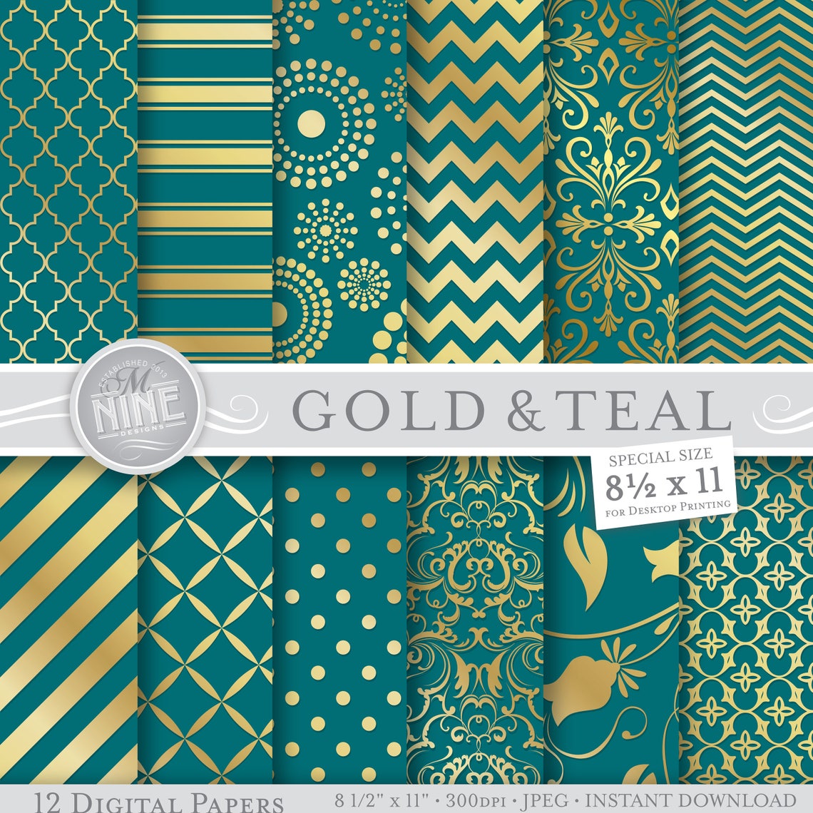 GOLD and TEAL Digital Paper Patterns / 8 1/2 X 11 Gold | Etsy