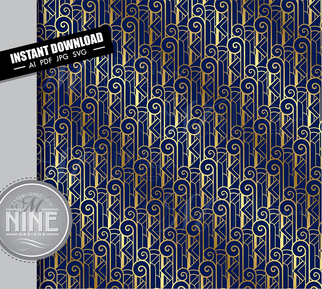 Navy Blue and Gold Art Deco Pattern Digital Paper Roaring 20's Art Deco ...