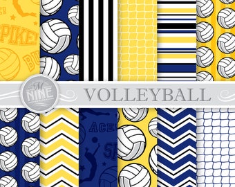 VOLLEYBALL Digital Paper / Volleyball Party Printables / Navy and Yellow Volleyball Patterns, Sports Theme Party, Volleyball Downloads