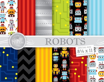 ROBOT Digital Paper / Robot Printables / Robot Theme Party, Cute Robots Patterns 8 1/2 x 11 Digital Scrapbook Paper Downloads