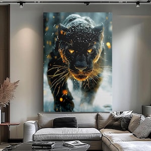 Black Panther Wall Art, Snow Leopard Fantasy Poster, Fierce Jungle Animal Canvas, AI Digital Art Print, Modern Wildlife Decor