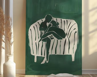 Arte mural minimalista de pareja abrazándose, póster de arte lineal abstracto, decoración moderna verde para el hogar, impresión de ilustración de amor íntimo